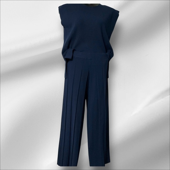 Unbranded Navy Blue Knit 2-Piece Set Women Pleated Pant Sweater Minimalist SZ S - Picture 4 of 8